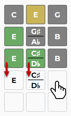 Screenshot of chordle illustrating the behaviour when you click on an emty tile in the grid.