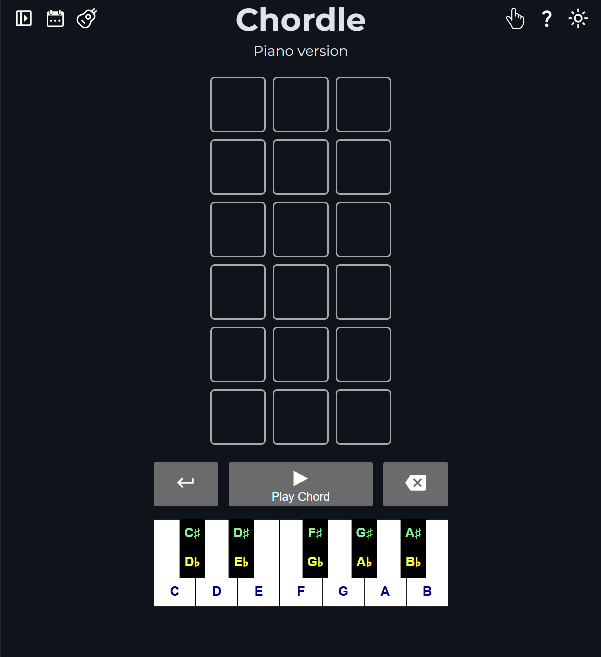 Screenshot of 3-note chordle game in the piano version in its initial state