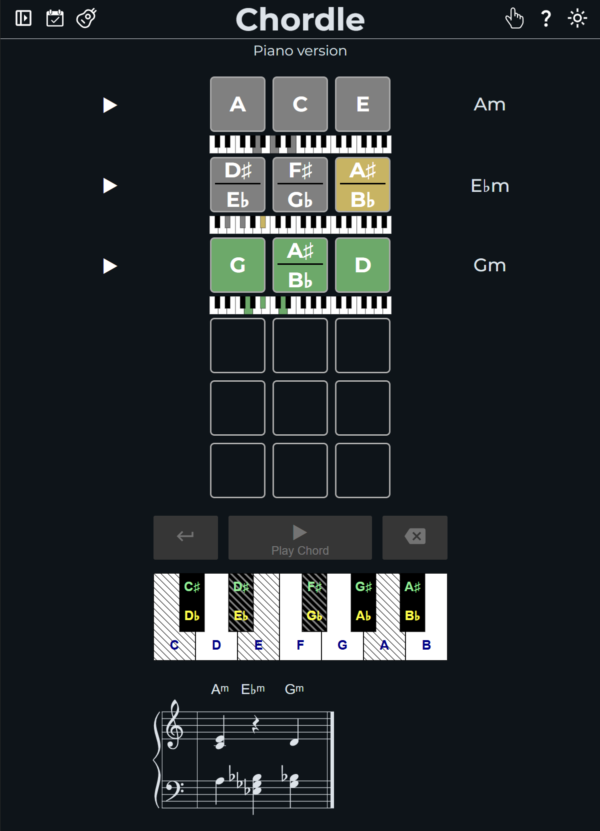 Screenshot of 3-note chordle game in the piano version after three guesses