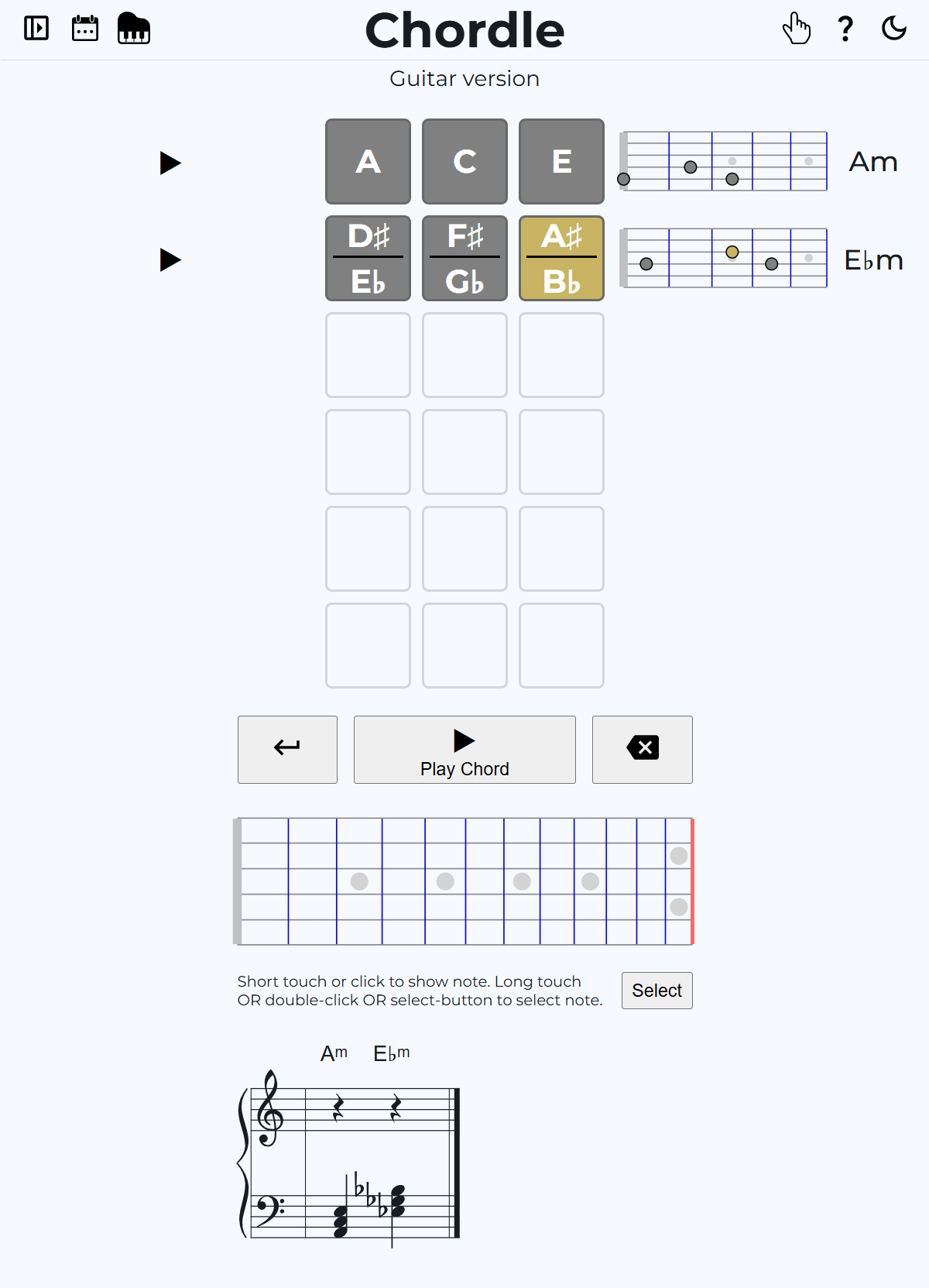 Screenshot of 3-note chordle game in the guitar version after two guesses