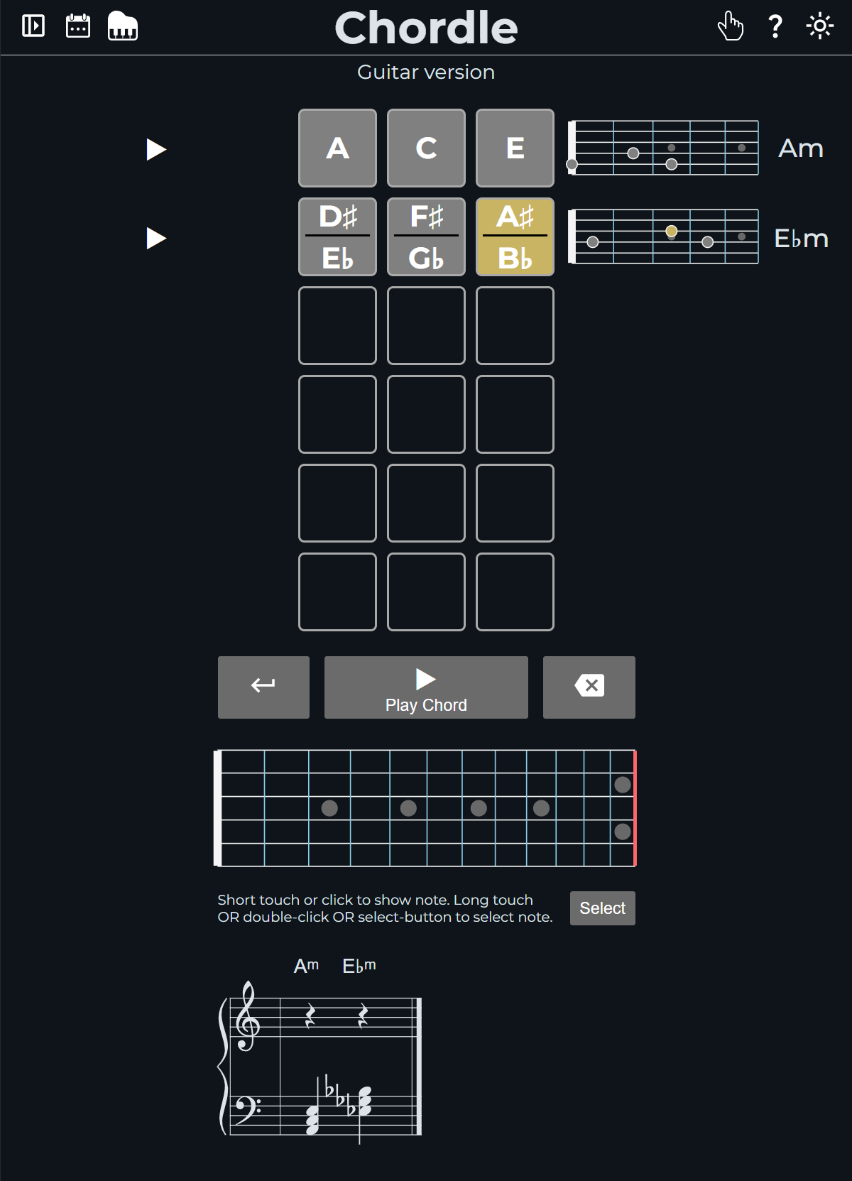 Screenshot of 3-note chordle game in the guitar version after two guesses